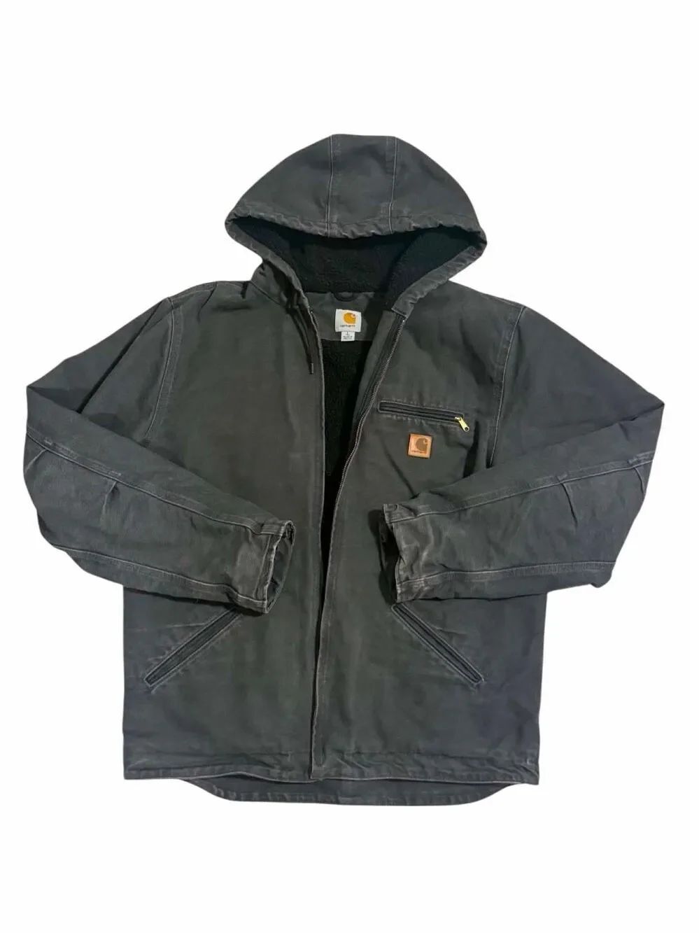 Vintage Carhartt J141 029 GVL Grey L Large Tall Sherpa Lined Hooded Detroit Jack